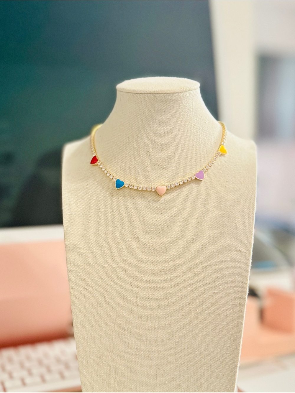 Gold Multicolor Heart Charm Necklace - Pastel & Bright Hearts